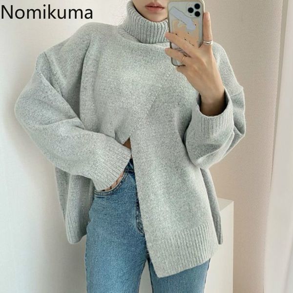

nomikuma korean chic pullover split design loose casual warm long sleeve knitted turtleneck sweater women sueter mujer 3d787 210514, White;black