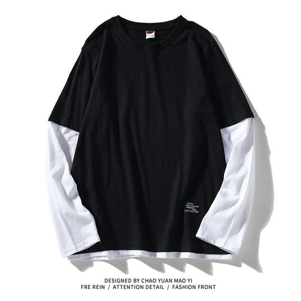 

men's t-shirts hquality 2021 autumn spring fashion oversize fake two pieces tshirt long sleeve casual o neck t-shirt for man tees, White;black