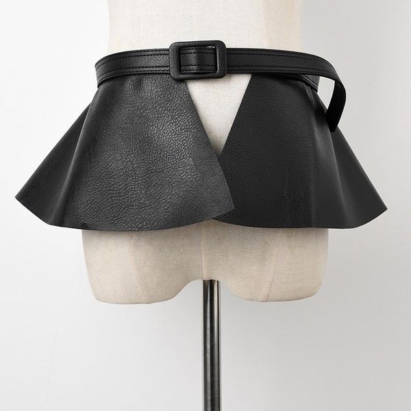 

Fashion Tide All-match Spring Pu Leather Black Ruffles Split Joint Temperament Wide Belt Personality Women 2021 Belts, Black;brown