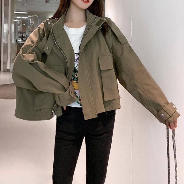 

women's jackets 2021 autumn short coat women retro loose casual safari style standing bomber jacket ladies punk clothes top, Black;brown
