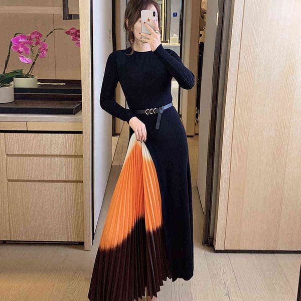 

zawfl 2021 autumn office gradient bold color pleated sweater dress women elegant knitted dresses winter a line party vestidos g1214, Black;gray