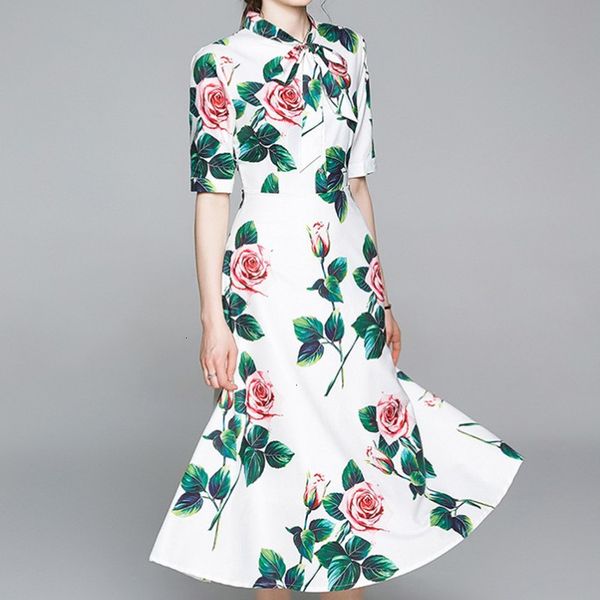 

casual dresses fashion designer holiday summer women's bow collar rose floral print chiffon midi elegant dress nrkg, Black;gray