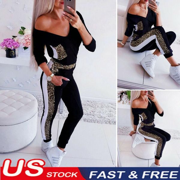 

women's jumpsuits & rompers womens jumpsuit long sleeve v-neck casual leopard stretch romper bodycon playsuit pants trousers femme s-xl, Black;white