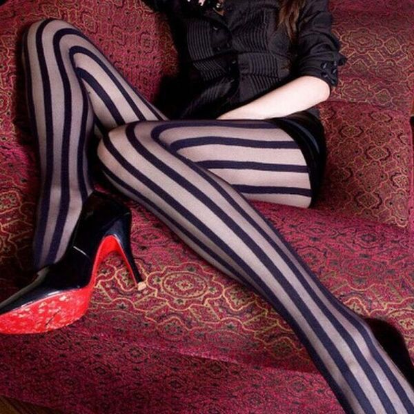 

black vertical striped tights gothic punk stripe women temptation sheer mock suspender pantyhose stockings socks & hosiery, Black;white