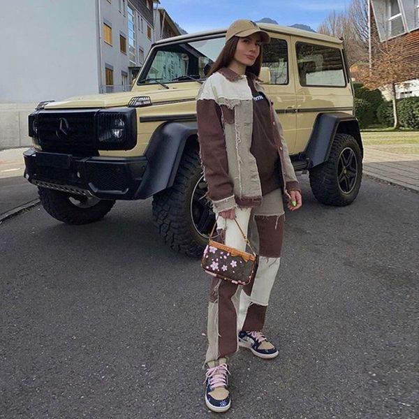 

autumn women's high-waisted slimming fashion all-match casual jeans also have same design jacket, Blue