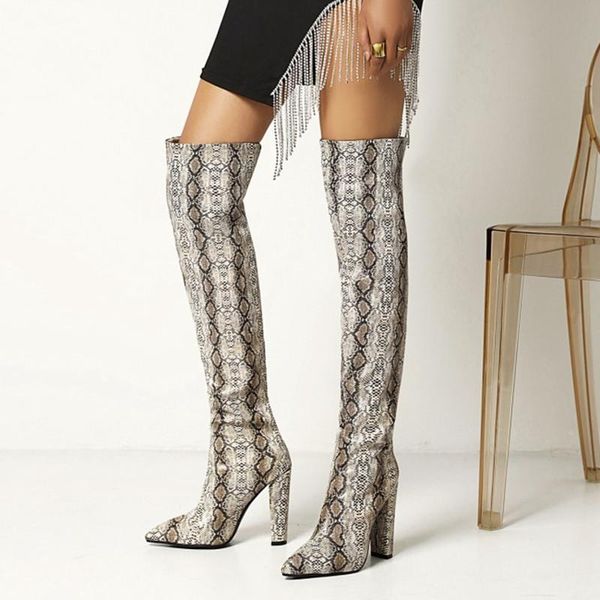 

boots snake skin special design over knee high pointed toe chunky heels -color simple outdoor women, Black