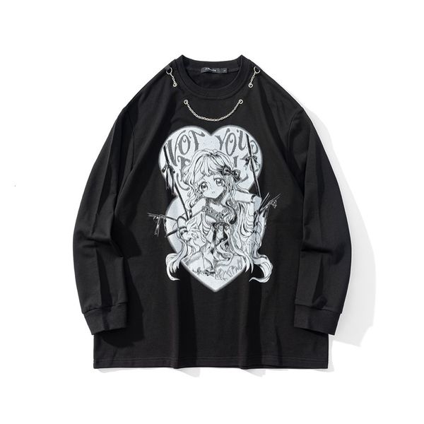

sweatshirts cartoon cartoon printed sweater no hat mens high street fashion brand necklace decoration loose round neck long sleeve hoodie, Black