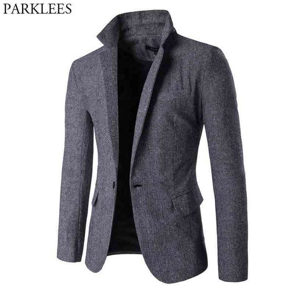 Giacca blazer di lana grigia da uomo con un bottone con risvolto risvolto elegante giacca formale di marca giacca da uomo blazer a spina di pesce di alta qualità Homme 210522