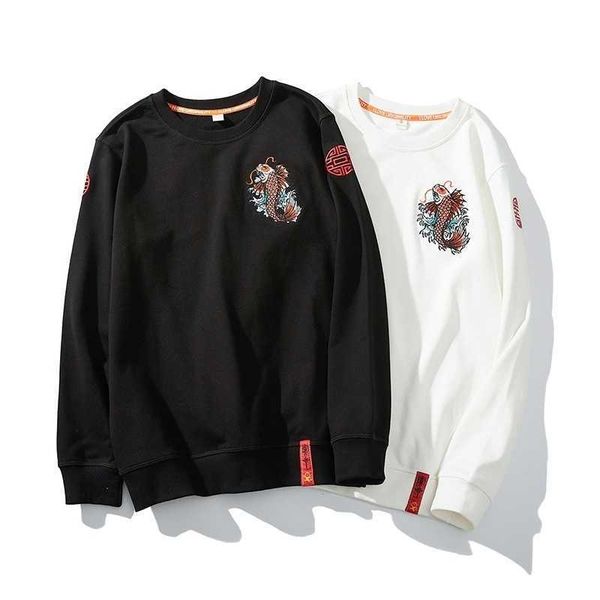 

carp anime embroidered sweatshirts men's spring hoodies crewneck pullover boys japan harajuku yokosuka souvenir clothes winter, Black