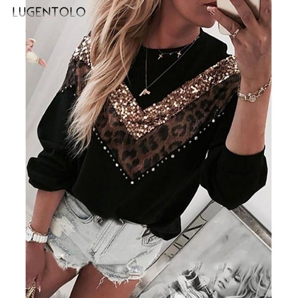 

lugentolo sweatshirt women fall fashion sequined leopard print stitching long-sleeved round neck casual sweatshirts women's hoodies &, Black