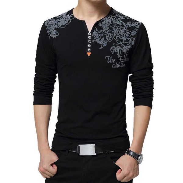 T-shirt da uomo con stampa floreale moda autunno Henry Collar Button Decora manica lunga per top Plus Size 5XL 210629