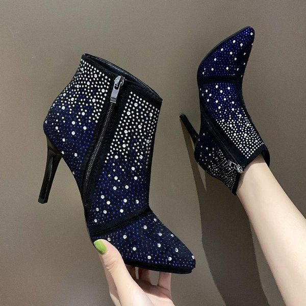 

boots 2021 rhinestones plus velvet pointed toe with thin and children, Black