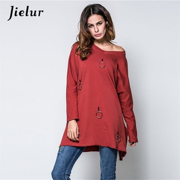 

plus size -xxl loose t shirt women personalized buckles long sleeve female t-shirt solid color v-neck women's t-shirts 210426, White