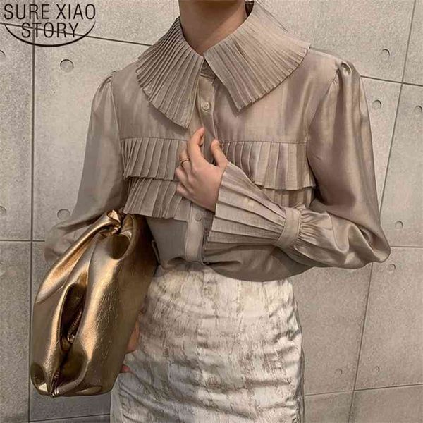 

pleated blouse see through shirt women spring fashion blouses turn-down collar single-breasted loose blusas 13078 210506, White