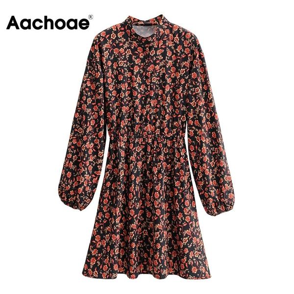 

aachoae women vintage elastic waist mini dress 2021 floral print lantern long sleeve chic stand collar a line dresses casual, Black;gray