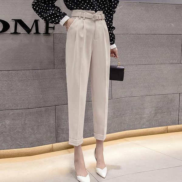

spring korean style women pants with belt high waist formal elegant office lady ankle-length plus size men's, Black