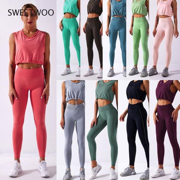 

seamless sport set women drawstring crop leggings tank workout outfit fitness gym running suit wear yoga clothing, White;black