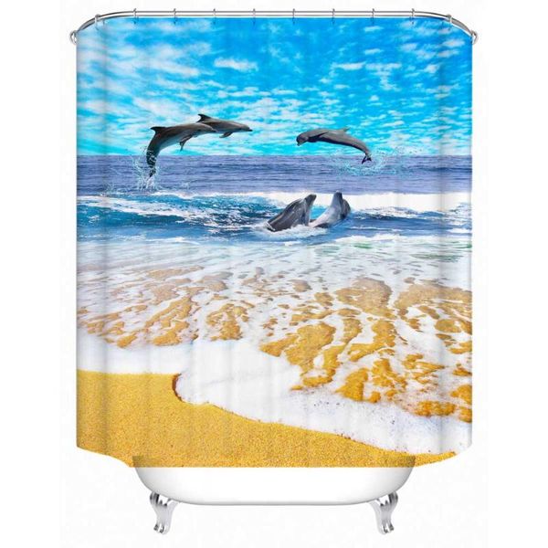

beach dolphins printing thickened shower curtains bathroom curtain frabic waterproof polyester bath with hooks