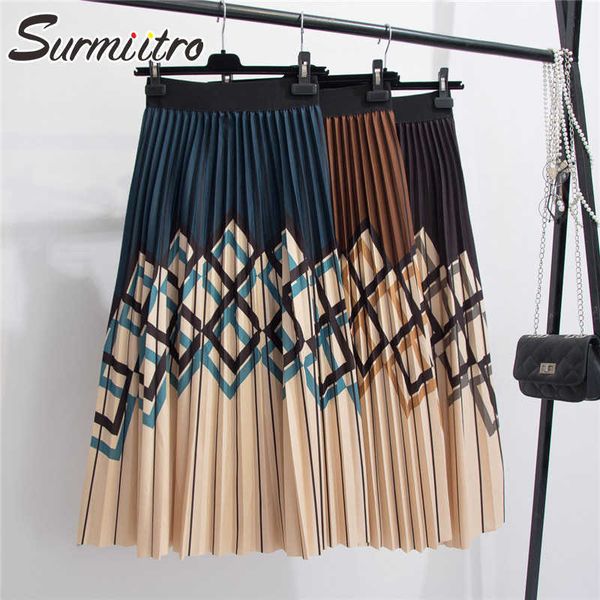 

surmiitro spring summer midi long pleated skirt women korean style striped patchwork high waist mid-length skirt female 210712, Black