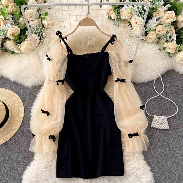 

spring vestidos female sling square neck puff sleeve mesh stitching slim slimming hip mini dress c533 210507, Black;gray