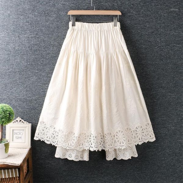 

skirts spring women's sweet small fresh elastic waist hollow embroidered cotton and linen skirt fake two-piece culottes, Black