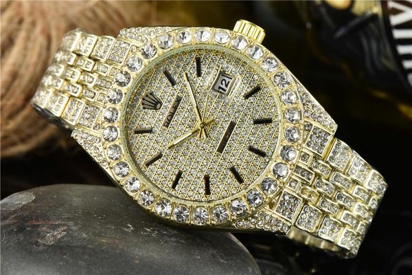

Fashoin classic style men watches gold watch quartz movement all diamond iced out high quality unisex dress clock montre de luxe, Slivery;brown