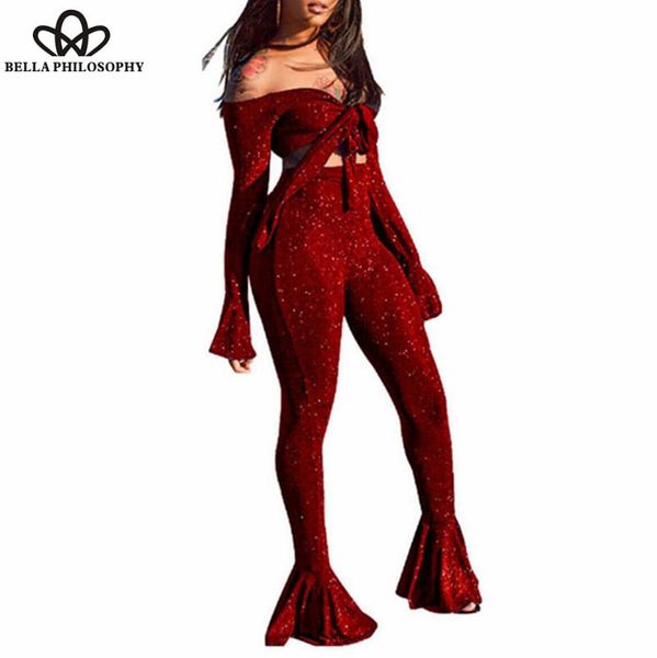 

wonder two piece matching set women v neck long sleeve bow bandage and shiny bodycon flare pant casual 2 outfit women's tracksuits, Gray