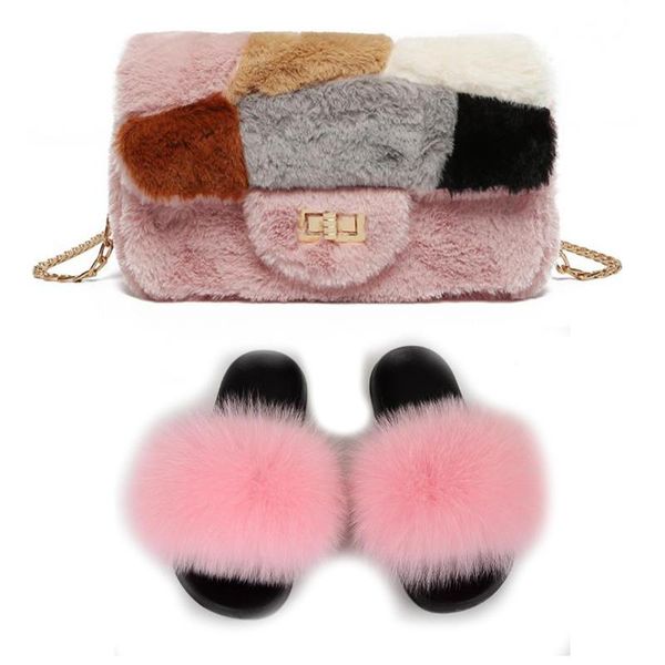 

summer extra fluffy slippers and plush bags real fur slides purse comfortable furry sandals with handbags women shoes, Black