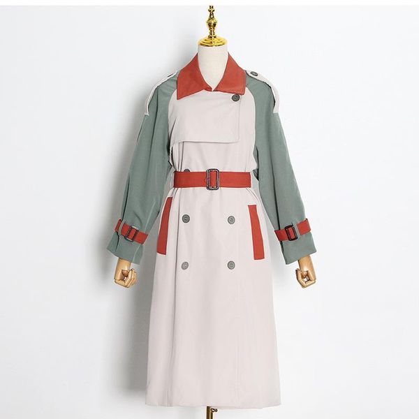 

women's trench coats colorblock coat women double breasted windbreaker spring autumn high waist long, Tan;black