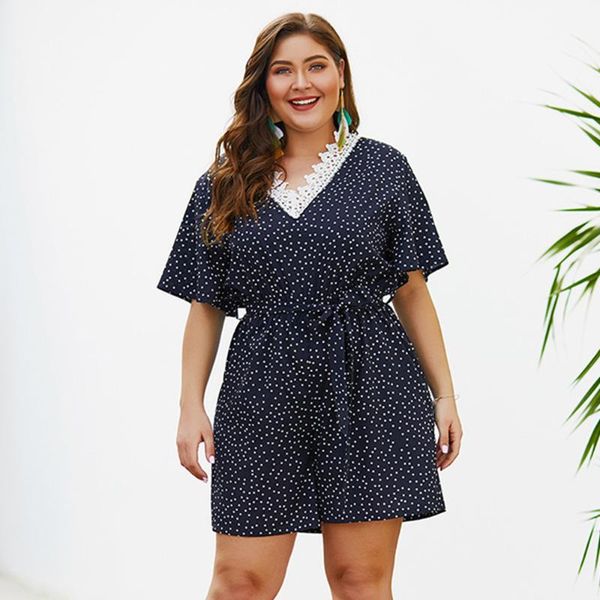 

plus big size woman casual 1 pcs clothing elegant polka dot jumpsuits fashion short flare sleeve playsuits 2021 summer clothes women's, Black;white