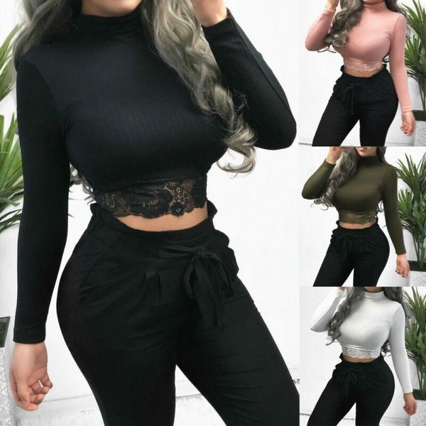 

women's t-shirt womens ladies high collar lace long sleeve slim uk stock, White