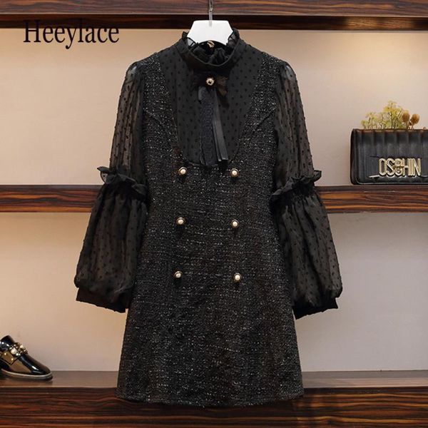 

casual dresses plus size french vintage for women bow collar puff sleeve autumn patchwork office ladies elegant femme vestidos, Black;gray