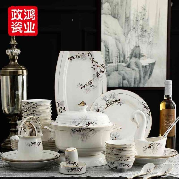 

jingdezhen high-grade 60 head hand painted gold bone porcelain tableware set can print gift customized series