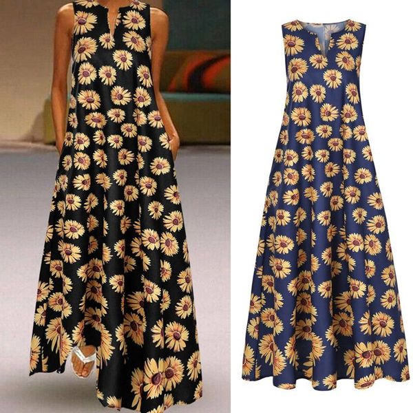 

casual dresses women's summer sleeveless boho long maxi dress beach party daisy print sundress pockets, Black;gray