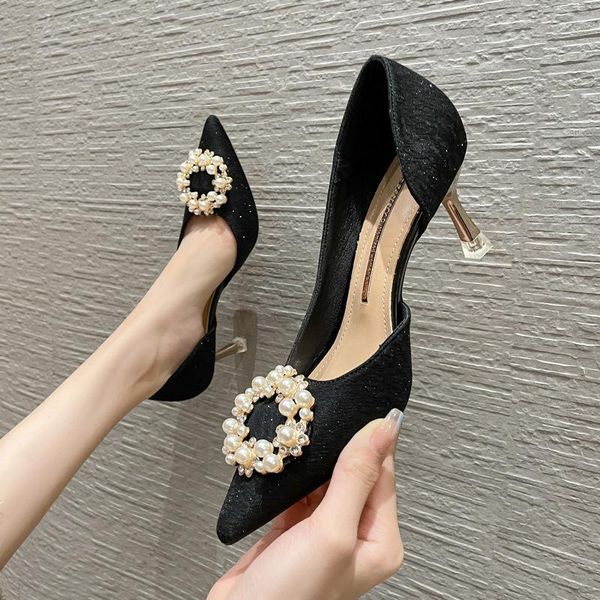 

sandals the fashion shining rhinestone square buckle pointed shallow mouth single shoes thin heel simple and versatile high heels, Black