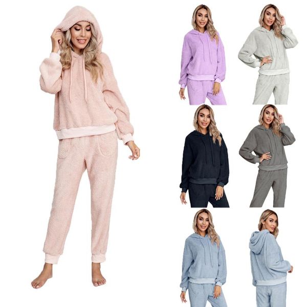 

women's pants & capris 2021 fleece 2 pcs clothes sets long sleeve solid color pullover hoodies + pant warm fuzzy homewear outfits, Black;white