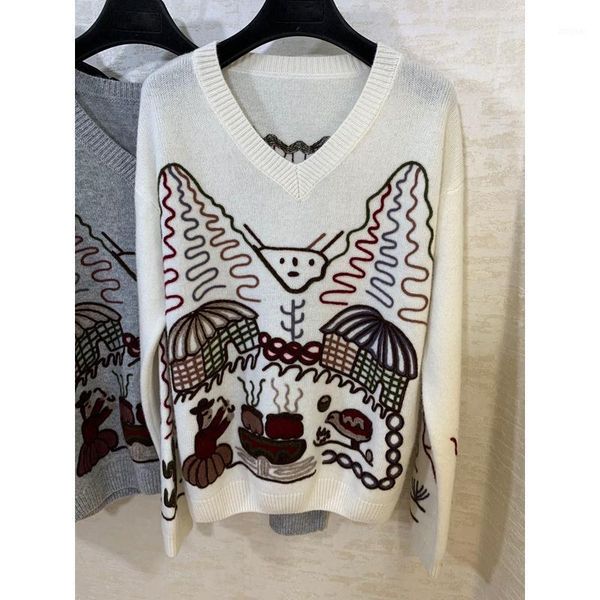 

women's sweaters end 11.26 quality high winter wool cashmere knitted pullover women embroidery pattern v-neck loose comfortable sweater, White;black