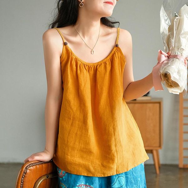 

women's tanks & camis johnature women linen 9 color vintage clothes 2021 summer sleeveless solid soft female, White