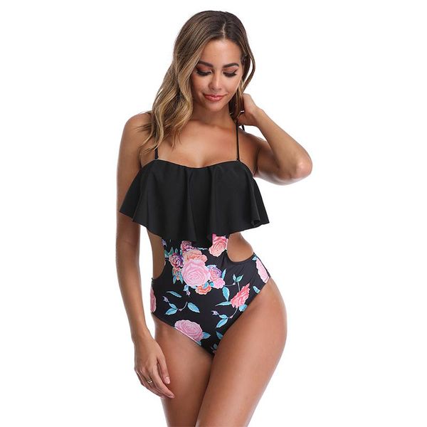 

women's swimwear fold fabala spaghetti strap back tie straps hollow design floral print high leg one piece bikini set, White;black