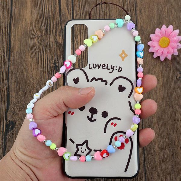 

chokers phone chain mobile strap lanyard for women bohemian rainbow color soft pottery beads rope cell case hanging cord, Golden;silver