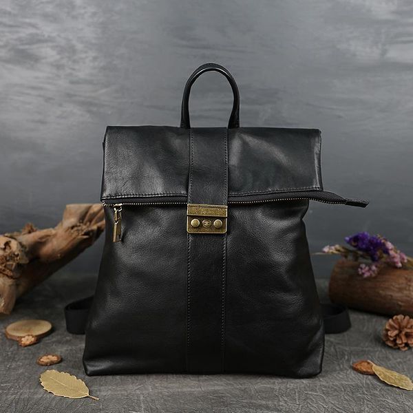 

backpack moditin arrival vintage hight quality genuine leather knapsack solid black color