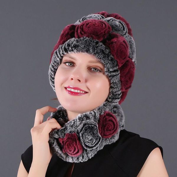 

beanie/skull caps women knitted rose hat scarf set two-in-one autumn winter warm fur cap accessories thick wool beanies, Blue;gray