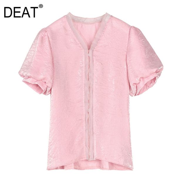 

[deat] summer new fashion tide single-breasted puff sleeve solid color folds v-neck temperament women shirt 13q070 210430, White