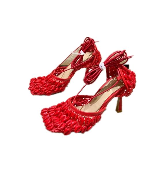 

fashion and trendy master brand spring and summer ladies sandals woven mesh upper stiletto square toe casual banquet beach 6cm, Black