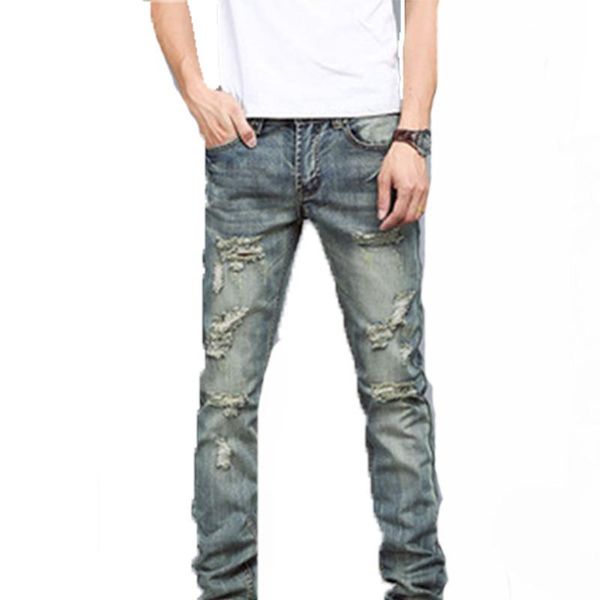 

men's jeans personalized fashion patch ragged nostalgic straight-leg, Blue