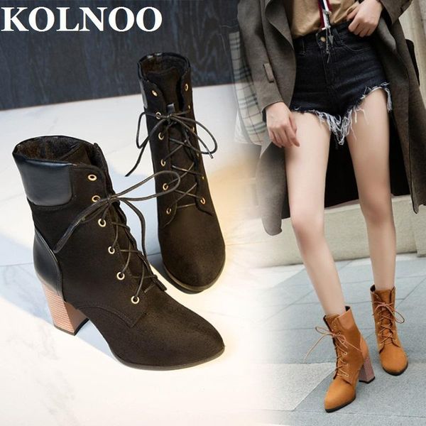 

boots kolnoo handmade womens retro style chunky heels lace-up vintage ankle booties large size 35-47 fashion winter shoes, Black