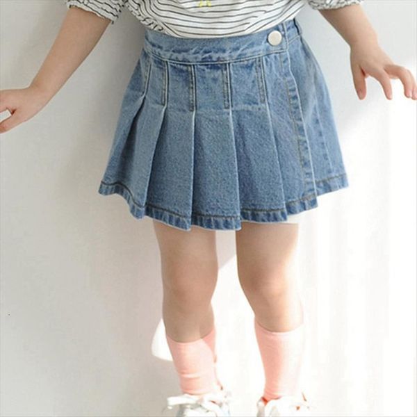 

summer girls sweet denim womens skirts pleated fake two piece pants children korean, Blue