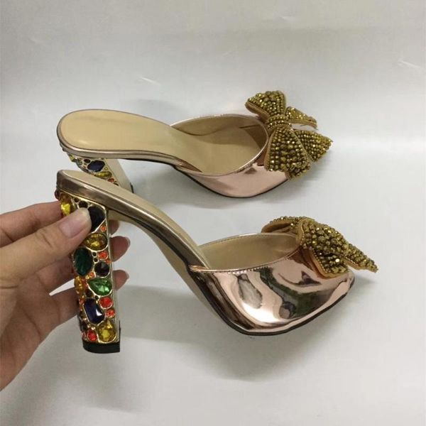 

slippers brand women's peep toe high heeled shoes quality patent leather diamonds bowknot sandals by729, Black