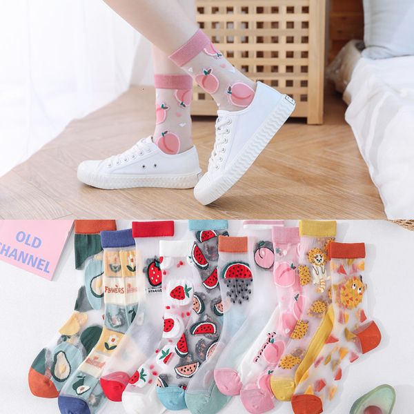 

21 women's fruit card medium tube socks children's spring and summer thin glass silk stockings, Black;white