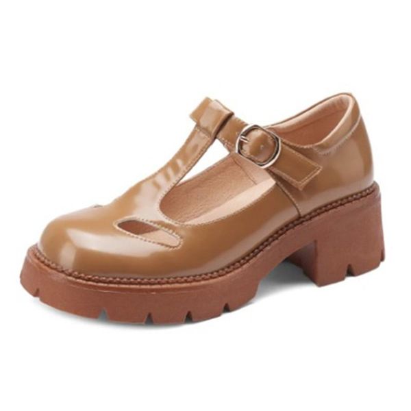 

dress shoes fanyuan spring autumn square toe retro women pumps genuine leather high heels t-strap buckle ladies size 34-39, Black